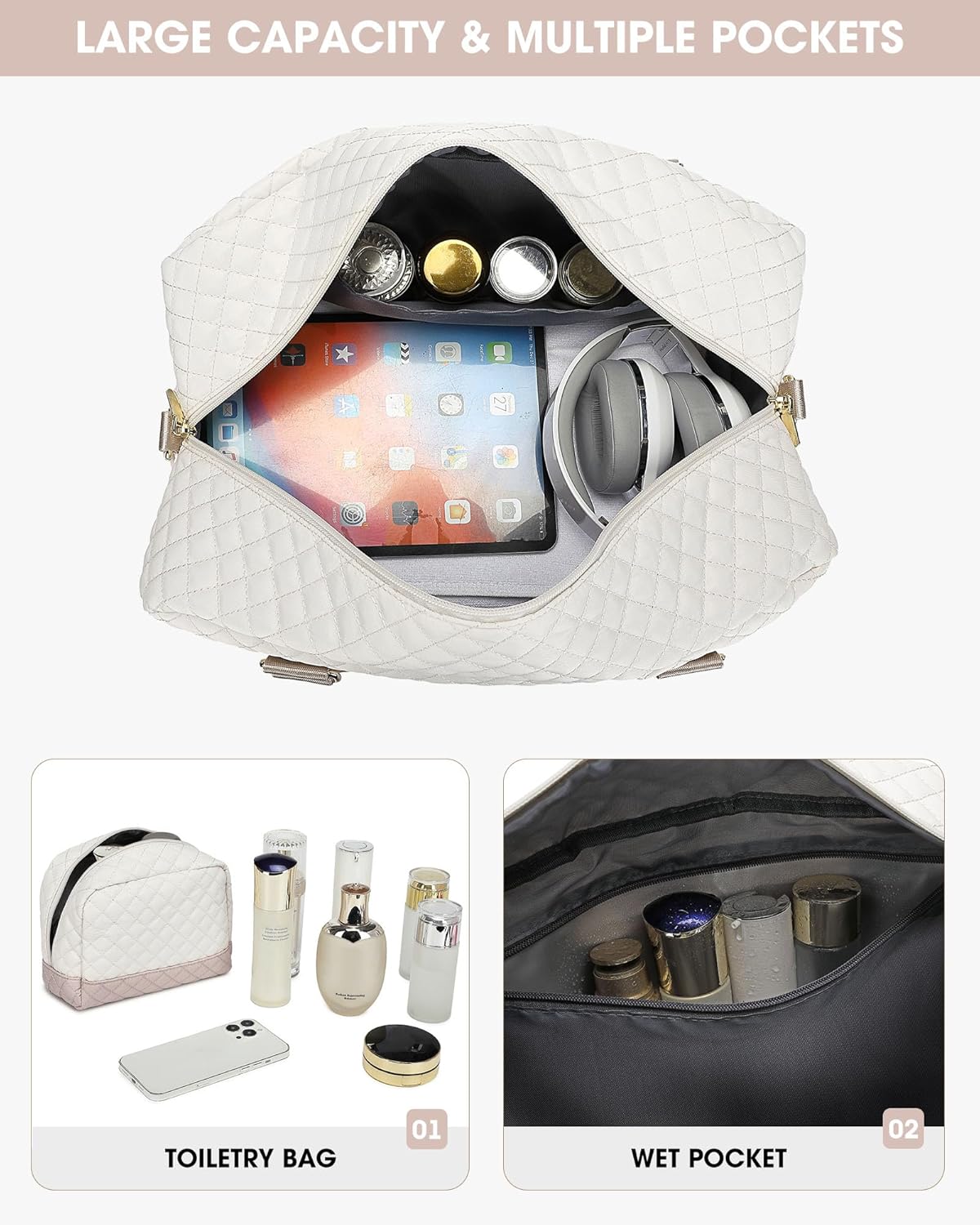 Travel Duffle Bag Weekender for Women: Travel Duffel Bag Carry-On Overnight Bag with Shoe Compartment & Wet Pocket Large Weekend Tote Bag with Gym Duffel Bag for Hospital Beige - Image 2