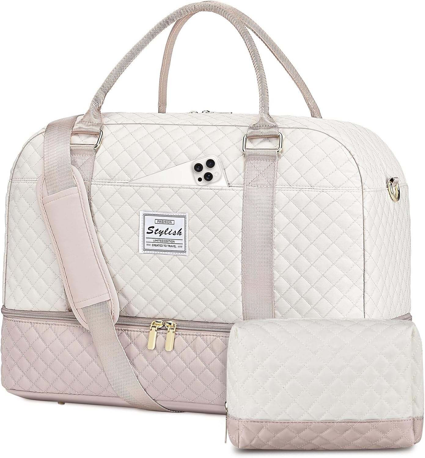 Travel Duffle Bag Weekender for Women: Travel Duffel Bag Carry-On Overnight Bag with Shoe Compartment & Wet Pocket Large Weekend Tote Bag with Gym Duffel Bag for Hospital Beige