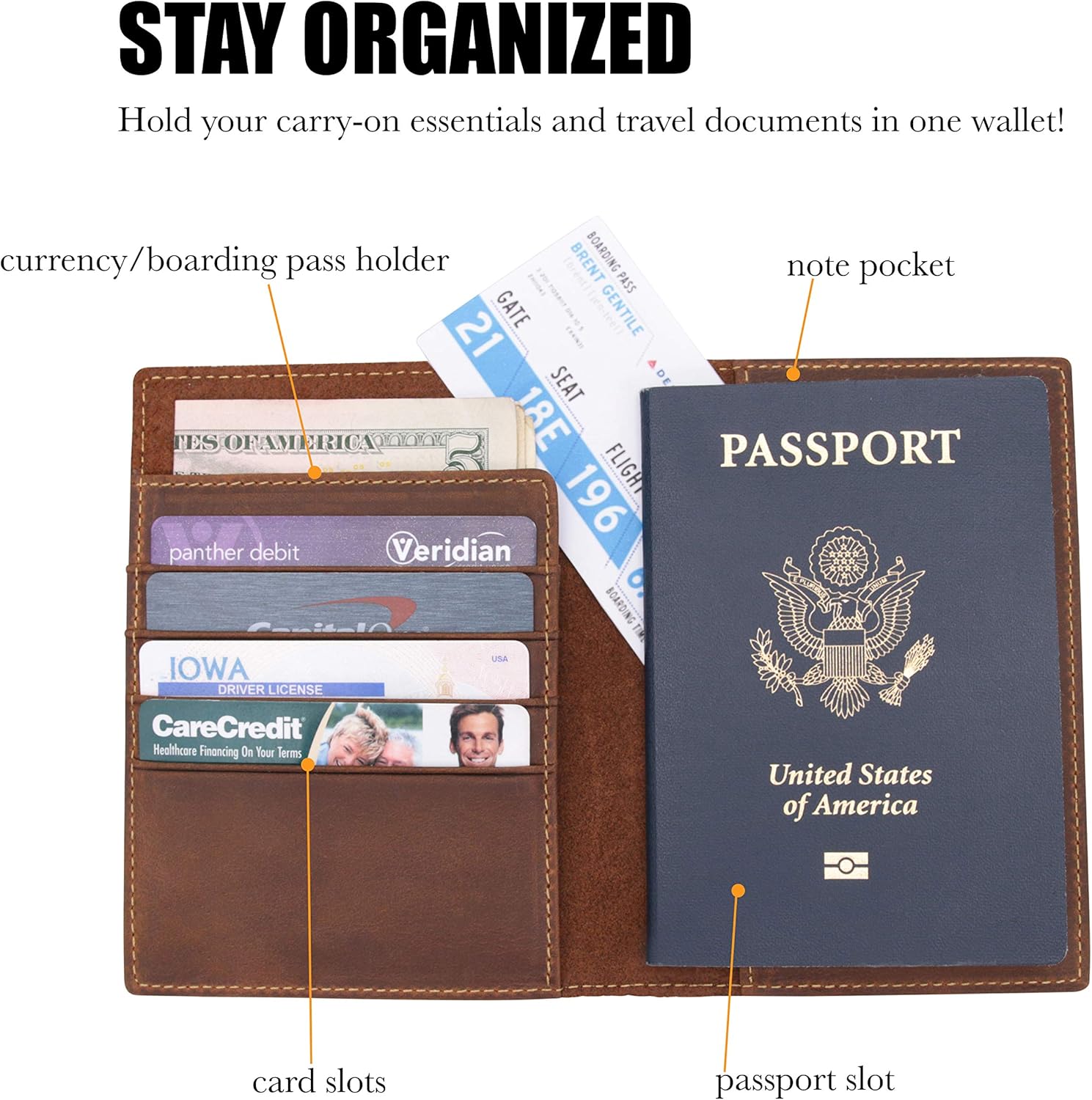 WANDERINGS Leather Travel Wallet with Passport Holder - 5.5" x 4" - Genuine Leather Case with RFID Blocking for Men and Women - Folding Wallet for Passports - Image 3