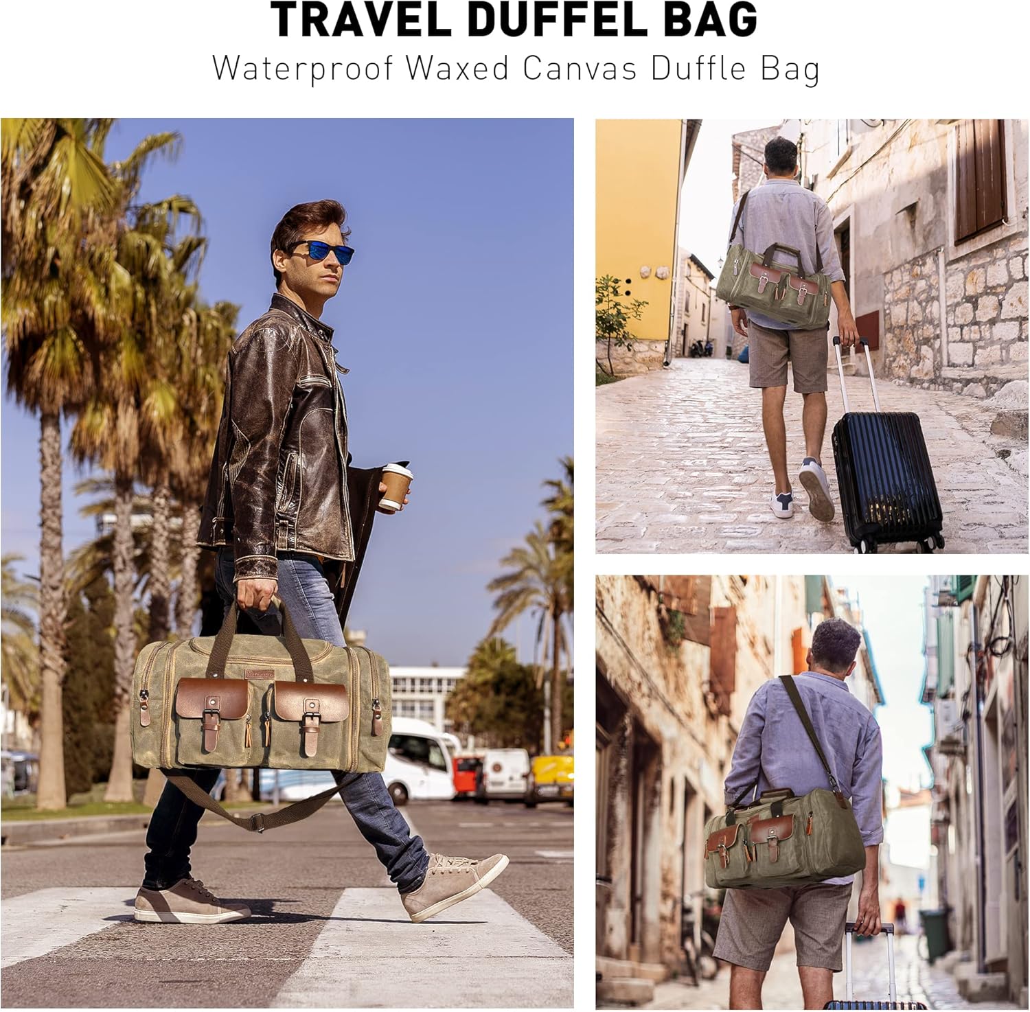 Wildroad Waxed Canvas Duffle Bag - 50L Waterproof Weekender Overnight Travel Bag - Image 2