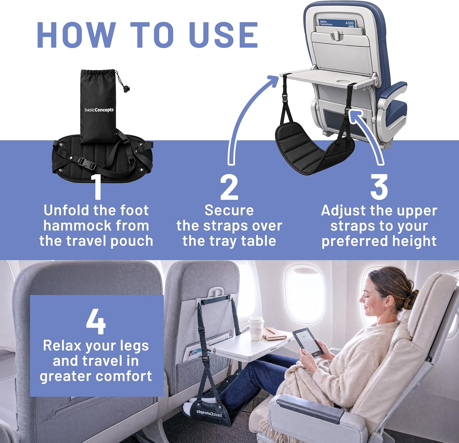 BASIC CONCEPTS Airplane Foot Hammock for Plane Travel Essentials - Airplane Travel Essentials, Long Flight Foot Rest - Plane Gadgets - Image 6