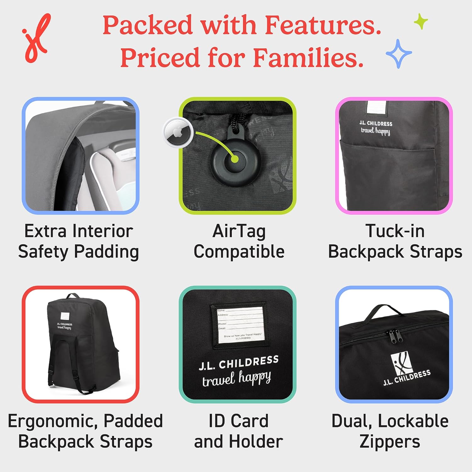 J.L. Childress Padded Backpack Car Seat Bag - Car Seat Travel Bag for Airplane, Fits Most Baby & Infant Carriers & Bootsters, Accessories for Gate or Baggage Check, AirTag Compatible - Deluxe, Black - Image 7