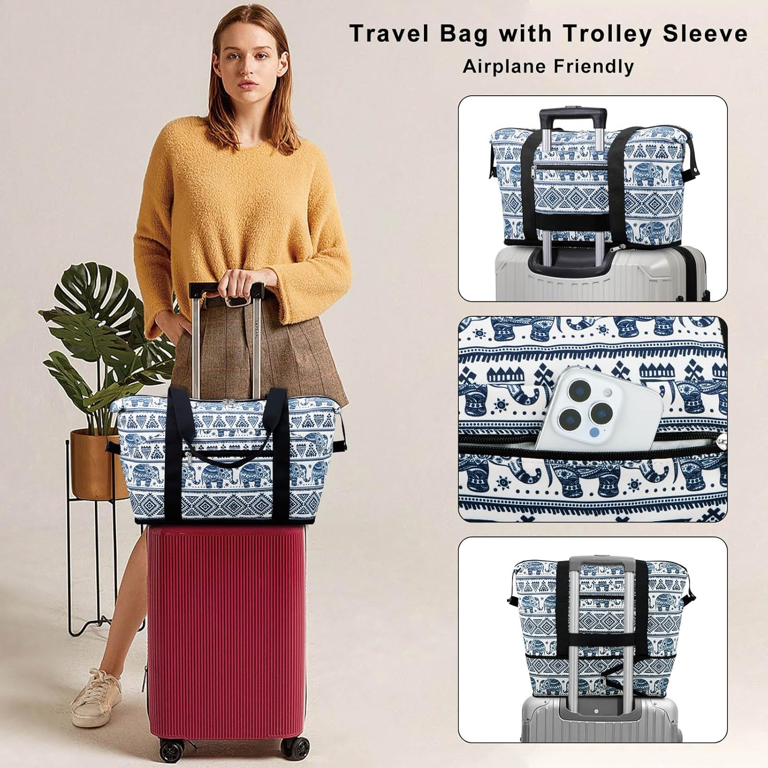 Expandable Duffel Bag for Women with Trolley Sleeve/Wet Pocket Weekender Travel Tote Large Carry On Overnight Luggage - Image 2