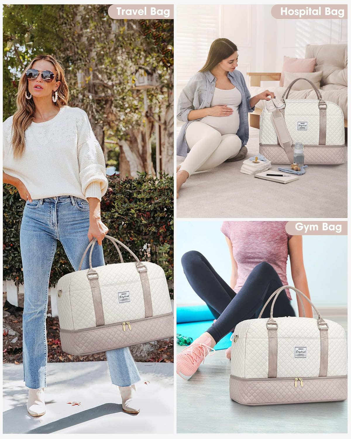 Travel Duffle Bag Weekender for Women: Travel Duffel Bag Carry-On Overnight Bag with Shoe Compartment & Wet Pocket Large Weekend Tote Bag with Gym Duffel Bag for Hospital Beige - Image 7