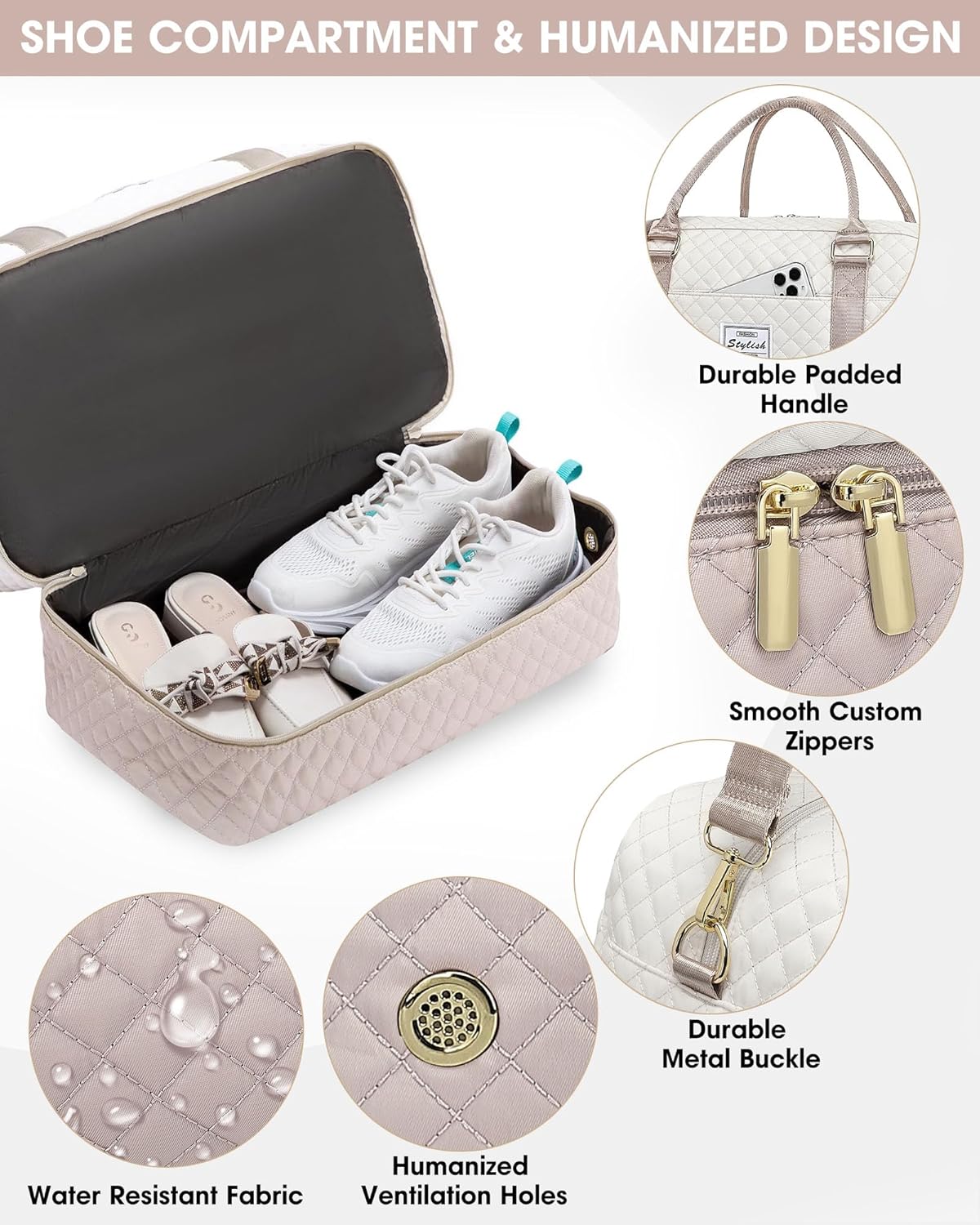 Travel Duffle Bag Weekender for Women: Travel Duffel Bag Carry-On Overnight Bag with Shoe Compartment & Wet Pocket Large Weekend Tote Bag with Gym Duffel Bag for Hospital Beige - Image 5