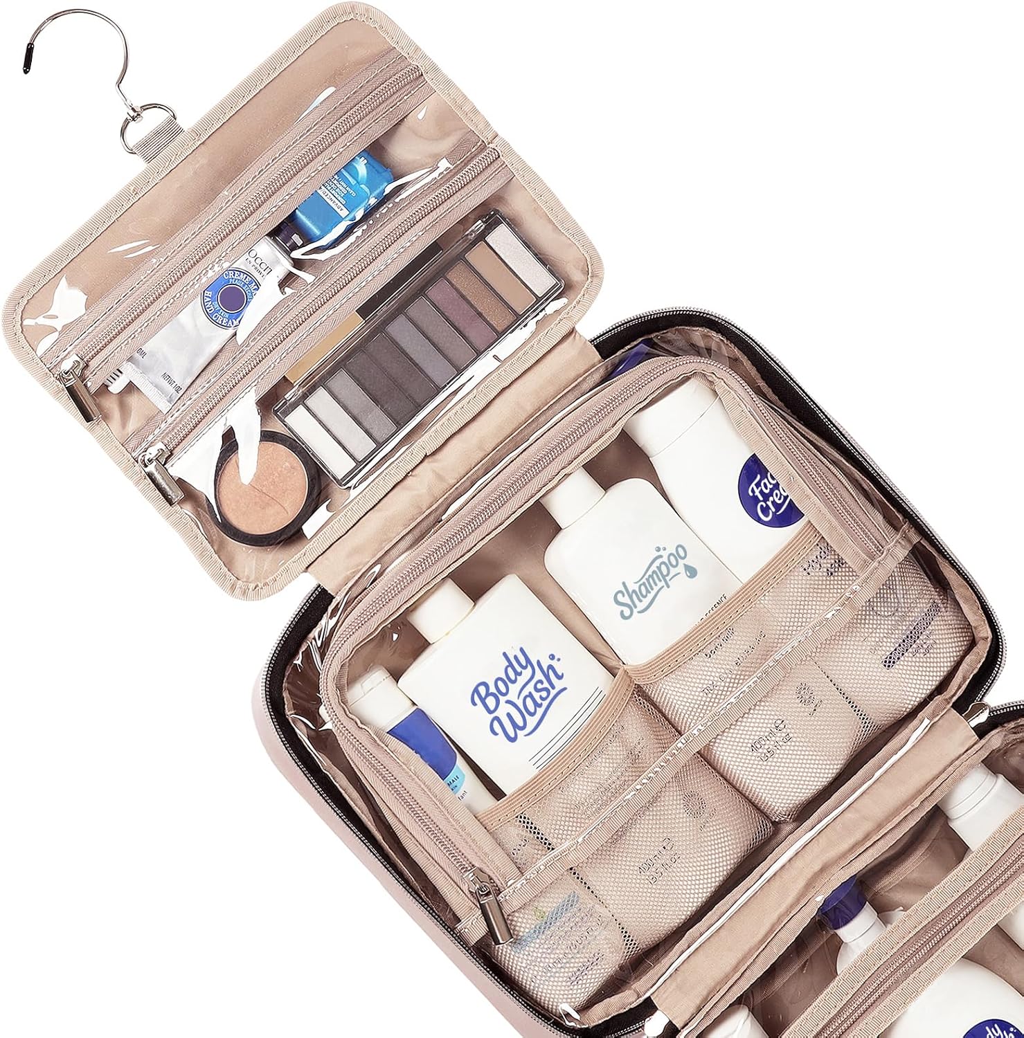 NISHEL Travel Toiletry Bag for women, Portable Hanging Organizer for Full-Sized Shampoo, Conditioner, Brushes Set, Makeup Accessories, Large Size, Pink - Image 4
