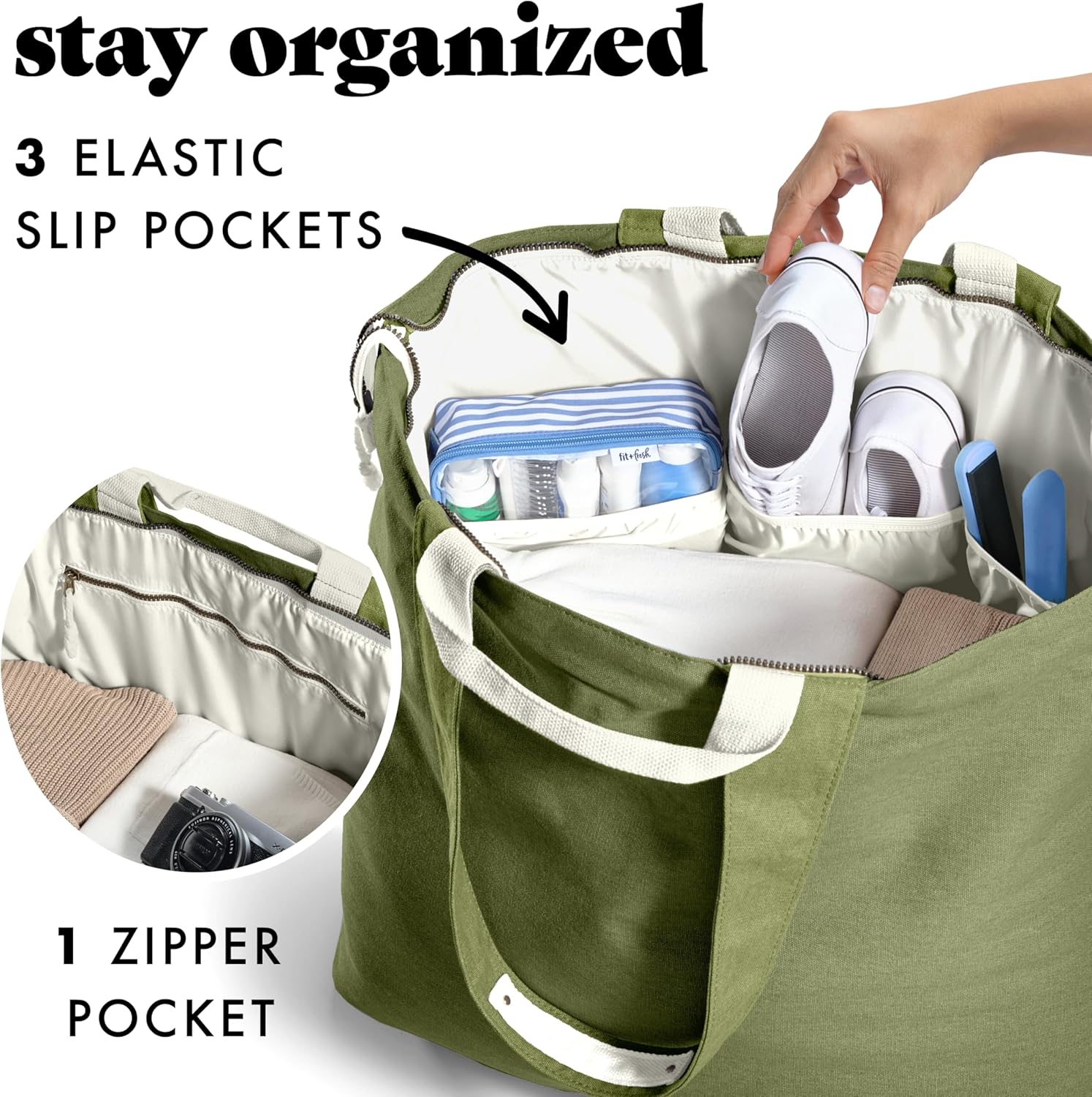Fit & Fresh XL Beach Tote Bag for Women – XL Travel Tote with Zipper & Pockets, Oversized Canvas Pool Bag, Weekender Carry-On - Image 4