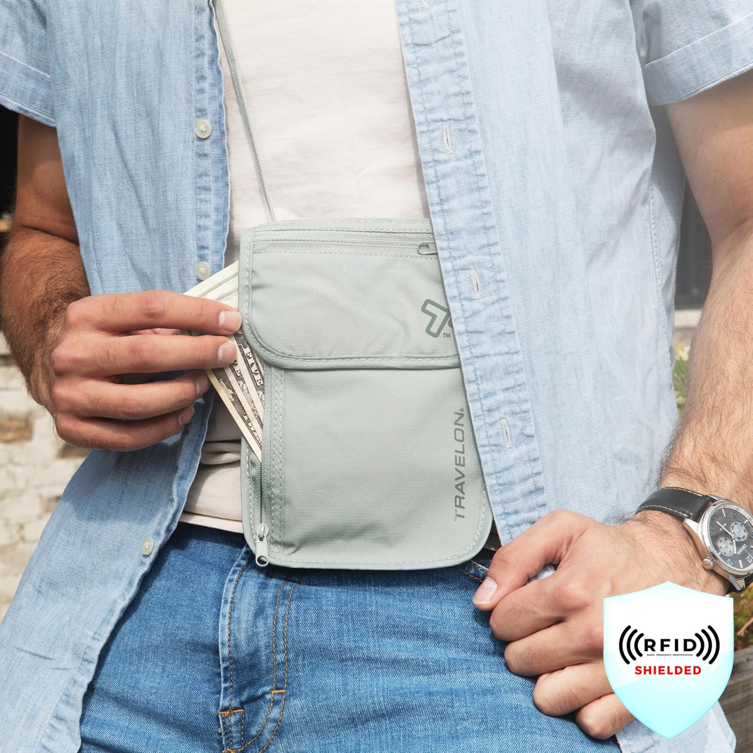 Travelon Rfid Blocking Undergarment Neck Pouch Travel Wallet, Gray, One Size - Image 3
