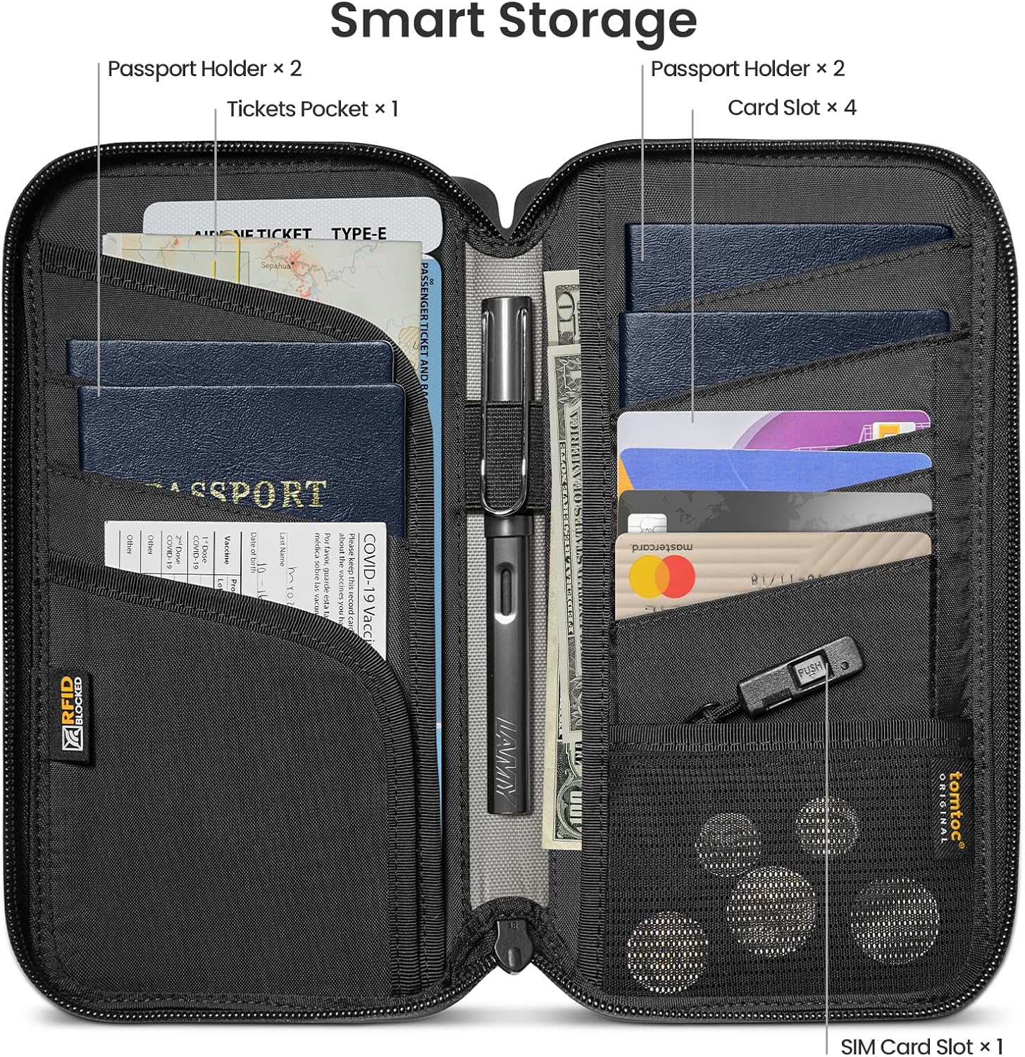tomtoc Passport Holder Family with RFID Blocking, Passport Wallet Women Men, with Airtag & Sim Card Holder and Eject Pin, Travel Document Organizer with Wrist Strap, Up to 4 Passports, Water-resistant - Image 3